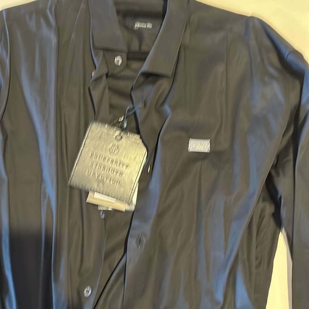 Phillip Plein black button down shirt with tags attached and silver label